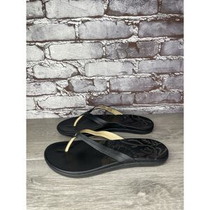 OLUKAI Honu Black Leather Beach Slides Flip Flop Sandals Women’s Sz 11M US/41EU